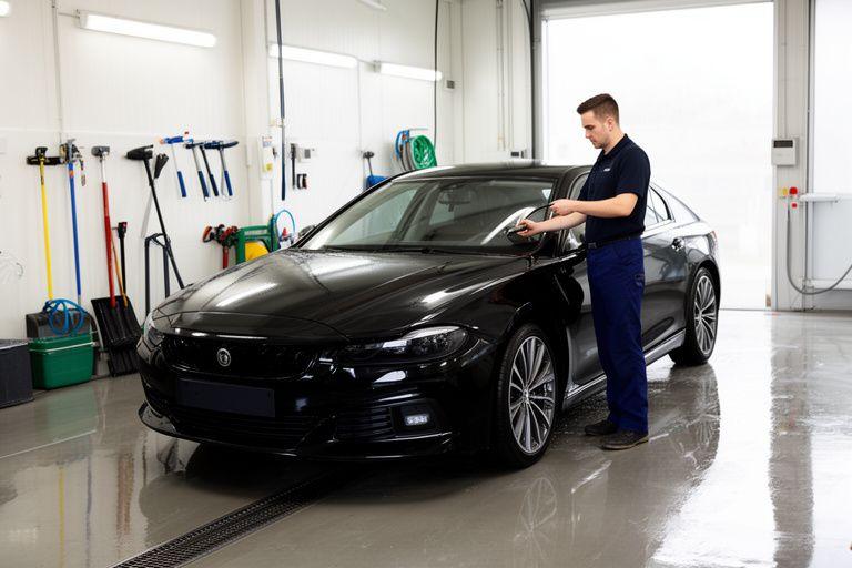 Operatore dell'autolavaggio che controlla la finitura di un'auto nera in una baia luminosa con strumenti ordinati