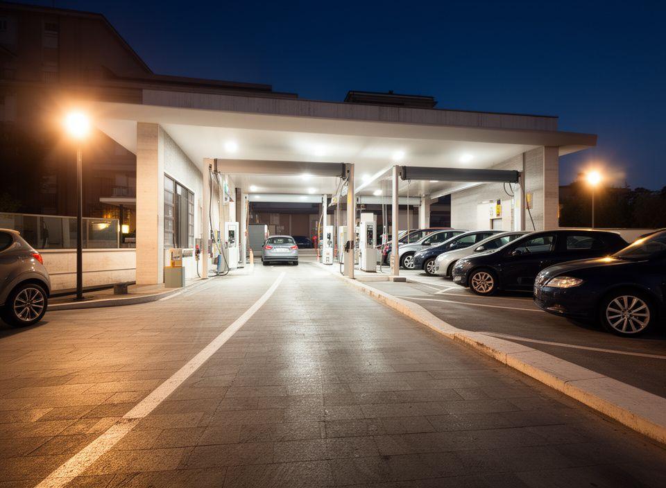 Ingresso dell’autolavaggio a Roma con insegna luminosa, corsie ordinate e auto in attesa davanti alla struttura