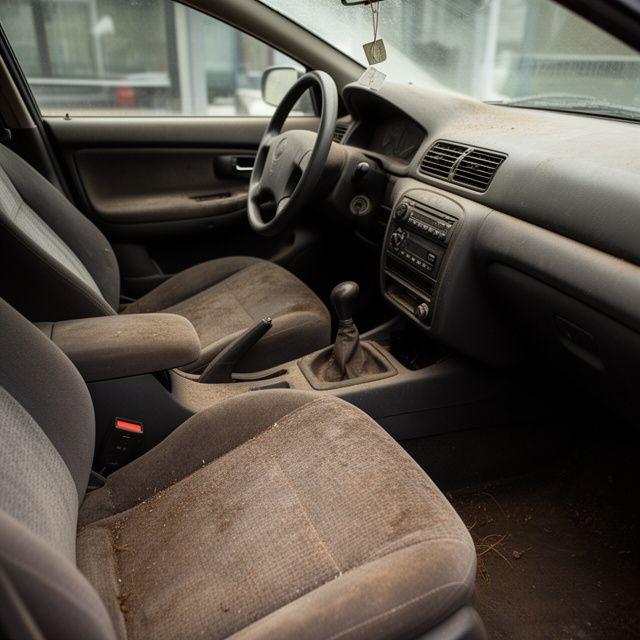 Interni auto trascurati con sedili e plancia impolverati prima del trattamento di detailing