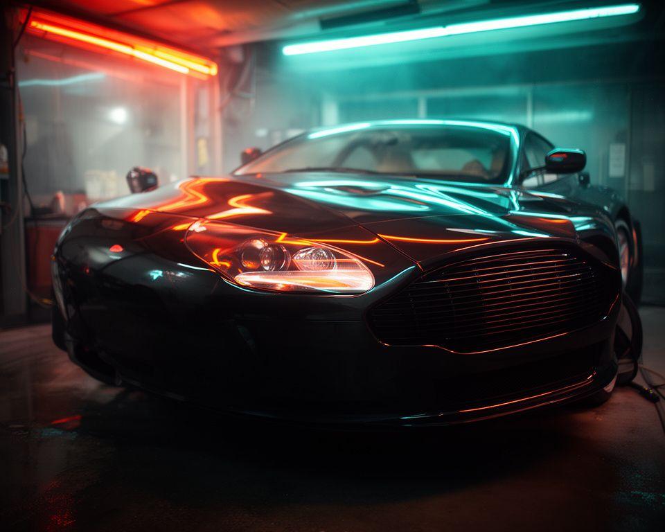 Auto scura lucidata sotto i neon dell’autolavaggio a Roma, con riflessi netti e carrozzeria trattata con finitura ceramica